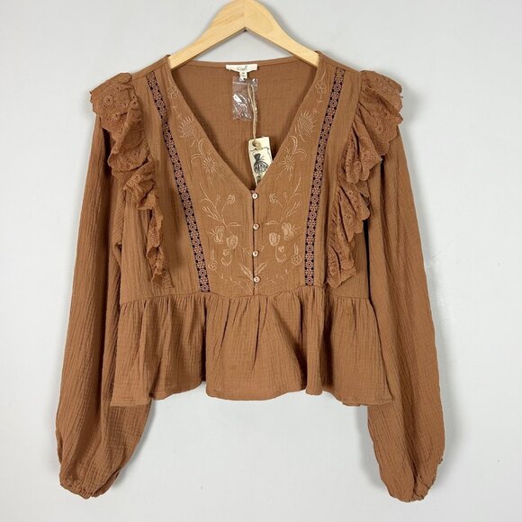 NEW Easel Brown Embroidered Ruffle Top Peplum Boho Peasant Size Medium Women's - Picture 1 of 4